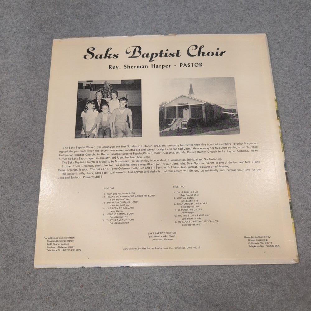 Saks Baptist Choir Rev Sherman Harper Pastor Vintage Gospel Vinyl LP Record - Picture 2 of 6